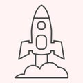 Rocket launch thin line icon. Spacecraft flying up, getting off the ground. Astronomy vector design concept, outline