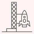 Rocket launch thin line icon. Spaceship with ladder stand platform. Astronomy vector design concept, outline style Royalty Free Stock Photo