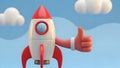 Rocket Launch Thumbs Up Startup Success, Innovation, 3D Render Royalty Free Stock Photo