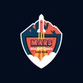 Rocket launch to Mars. Vector logo design for future mission of Mars, promo events, games, label, cartoon badge.