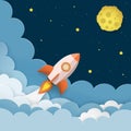 Rocket launch to the Moon. Cute space background with stars, moon, rocket, clouds, smoke. Night sky background with flying rocket. Royalty Free Stock Photo