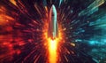 Rocket launch with vibrant energy burst, dynamic background of colorful light streaks, representing speed and motion