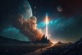rocket launch with view of the stars and planets in the night sky Royalty Free Stock Photo