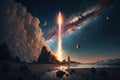 rocket launch with view of the stars and planets in the night sky Royalty Free Stock Photo