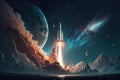 rocket launch with view of the stars and planets in the night sky Royalty Free Stock Photo