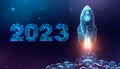 Rocket launch, wireframe polygonal style. 2023 start concept with glowing low poly rocket. Futuristic modern abstract