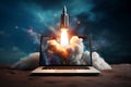 Rocket launched with a nuclear warhead autonomously from a laptop computer Royalty Free Stock Photo