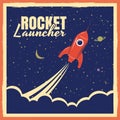 Rocket launcher startup rocket retro poster with vintage colors and grunge effect. Vector, illustration, isolated