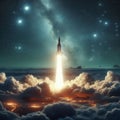 Rocket Launches Through Clouds into Starry Outer Space Royalty Free Stock Photo
