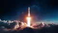 Rocket Launches Through Clouds into Starry Outer Space Royalty Free Stock Photo