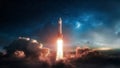 Rocket Launches Through Clouds into Starry Outer Space Royalty Free Stock Photo