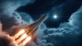 Rocket Launches Through Clouds into Starry Outer Space Royalty Free Stock Photo