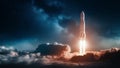 Rocket Launches Through Clouds into Starry Outer Space Royalty Free Stock Photo
