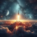 Rocket Launches Through Clouds into Starry Outer Space Royalty Free Stock Photo