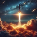 Rocket Launches Through Clouds into Starry Outer Space Royalty Free Stock Photo