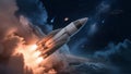 Rocket Launches Through Clouds into Starry Outer Space Royalty Free Stock Photo
