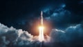 Rocket Launches Through Clouds into Starry Outer Space Royalty Free Stock Photo