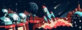Rocket launches from futuristic base on distant planet during vibrant cosmic scene with celestial bodies Royalty Free Stock Photo