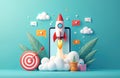 Rocket launches from phone screen amid clouds, envelopes symbolizing successful campaign start. Target hit signifies achieving Royalty Free Stock Photo