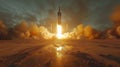 Rocket Launches With Powerful Propulsion Amidst Clouds of Smoke and Flames in a Stunning Display of Aerospace Technology Royalty Free Stock Photo