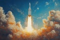 Rocket launches into the sky amidst a vibrant sunset backdrop with clouds and flames below Royalty Free Stock Photo