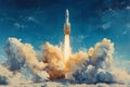 Rocket launches into the sky amidst a vibrant sunset backdrop with clouds and flames below Royalty Free Stock Photo