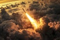 A rocket launches into the sky. Bright flames ignite clouds as the vehicle ascends. This dynamic scene captures motion Royalty Free Stock Photo