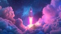 A rocket ascends through vibrant clouds into a starry sky during a cosmic journey Royalty Free Stock Photo