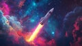 A rocket launches into a vibrant galaxy filled with clouds and colorful cosmic patterns Royalty Free Stock Photo