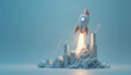 Rocket Launching Amidst Clouds With Growth Chart in a Modern Digital Environment Royalty Free Stock Photo