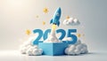 Rocket launching from box with 2025 year blue numbers. Clouds, stars around symbolizing innovation, progress, new projects, Royalty Free Stock Photo