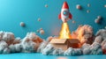Rocket launching from cardboard box - generative ai Royalty Free Stock Photo
