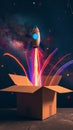 Rocket launching from cardboard box in outer space, creativity and innovation concept Royalty Free Stock Photo