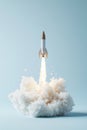 Rocket Launching into Cloudy Sky Symbolizing Innovation and Exploration. Royalty Free Stock Photo