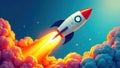 Rocket launching into colorful sky with billowing clouds Royalty Free Stock Photo
