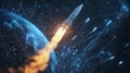 Rocket launching from Earth into space with fiery exhaust and starry background at night Royalty Free Stock Photo