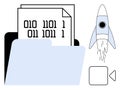 Rocket launching from a file folder containing binary code, representing innovation and data processing Royalty Free Stock Photo