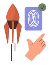 Rocket launching beside a fingerprint verified check mark and pointing hand symbolizing innovation Royalty Free Stock Photo
