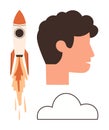 Rocket launching beside human profile and cloud representing creativity, vision, and innovation Royalty Free Stock Photo