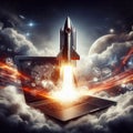 Rocket launching from laptop with dramatic smoke for successful start up business concept. Generated AI Royalty Free Stock Photo