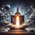 Rocket launching from laptop with dramatic smoke for successful start up business concept. Generated AI Royalty Free Stock Photo