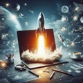 Rocket launching from laptop with dramatic smoke for successful start up business concept. Generated AI Royalty Free Stock Photo