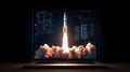Rocket launching from a laptop screen with clouds Royalty Free Stock Photo