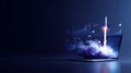 Rocket launching from laptop screen in digital space environment at night Royalty Free Stock Photo