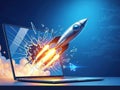 Rocket launching from laptop screen isolated on white background Royalty Free Stock Photo