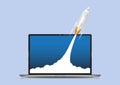 Rocket launching from laptop vector illustration, project start up and leadership business concept