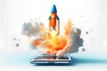 Illustration of a Rocket launching from smartphone Royalty Free Stock Photo