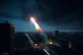 Rocket launching into the night sky with city skyline in the background. Generative AI Royalty Free Stock Photo