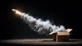 Conceptual Launch of Rocket from Box with Orange Smoke in Creative Minimalist Style.Generative AI Royalty Free Stock Photo