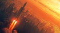 Rocket Launching over City at Sunset Royalty Free Stock Photo